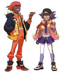 Rule 34 | 2boys, absurdres, alternate costume, baseball cap, black footwear, black headwear, boots, bright pupils, closed mouth, collared shirt, commentary request, creatures (company), dark-skinned male, dark skin, dynamax band, game freak, gloves, green eyes, grin, hand in pocket, hand up, hat, headband, highres, holding, holding poke ball, hood, hoodie, korean commentary, leggings, leon (pokemon), looking down, male focus, multiple boys, necktie, nintendo, open clothes, open hoodie, orange headband, orange necktie, orange pants, pants, poke ball, pokemon, pokemon swsh, raihan (pokemon), redlhzz, shirt, shorts, single glove, smile, split mouth, standing, teeth, white pupils, wristband, yellow eyes