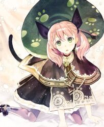 Rule 34 | 1girl, all fours, animal ears, artist request, atelier (series), bell, black dress, blush, braid, capelet, cat day, cat ears, cat girl, cat tail, choker, dress, escha malier, green eyes, green headwear, hair ribbon, light particles, looking at viewer, neck bell, open mouth, pantyhose, paw print, pink hair, purple pantyhose, ribbon, solo, tail, tail raised, triangle mouth, twintails