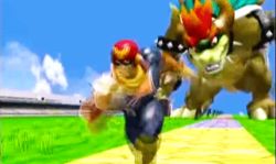 Rule 34 | 00s, 2006, 2boys, 3d, animated, animated gif, bowser, captain falcon, chasing, collar, f-zero, formal, giant, giga bowser, gloves, helmet, horns, koopa, lizard, lowres, male focus, mario (series), multiple boys, nintendo, red eyes, red hair, running, scarf, shell, shoulder pads, spiked collar, spikes, stadium, suit, super mario bros. 1, super smash bros., turtle, visor