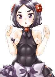 Rule 34 | 1girl, black hair, blush, breasts, breasts apart, breasts out, collarbone, flower, hair flower, hair ornament, looking at viewer, nipples, no bra, open mouth, princess principal, purple eyes, shiromitsu suzaku, simple background, small breasts, solo, sweat, toudou chise, white background