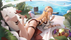Rule 34 | 1girl, anklet, apple, arknights, ball, bare legs, beachball, bead anklet, blonde hair, blue eyes, cherry, cup, day, dragon girl, dragon horns, drinking glass, food, fruit, grapes, highres, horns, jewelry, leaf, ling dianxia, log, long hair, looking at viewer, orange (fruit), outdoors, saileach (arknights), saileach (summer flowers) (arknights), solo, thighs, very long hair, water, wine glass