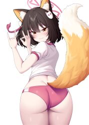 Rule 34 | 1girl, animal ears, ass, black hair, blue archive, blush, braid, breasts, brown eyes, buruma, butt crack, fox ears, fox shadow puppet, fox tail, from behind, gym shirt, halo, highres, izuna (blue archive), looking at viewer, medium breasts, metaljelly, multicolored hair, naughty face, pink hair, shirt, sideboob, smile, solo, tail