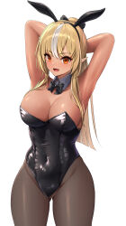 Rule 34 | 1girl, animal ears, armpits, arms up, black bow, black bowtie, black leotard, black pantyhose, blonde hair, blush, bow, bowtie, breasts, cleavage, covered navel, dark-skinned female, dark skin, detached collar, elf, fake animal ears, highleg, highleg leotard, highres, hololive, laimer, large breasts, leotard, long hair, looking at viewer, multicolored hair, open mouth, pantyhose, playboy bunny, pointy ears, ponytail, rabbit ears, red eyes, shiranui flare, smile, solo, strapless, strapless leotard, streaked hair, virtual youtuber, white background, white hair
