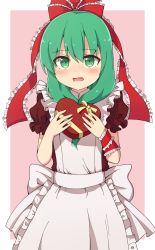 Rule 34 | 1girl, absurdres, apron, back bow, blush, border, bow, box, brown dress, commentary request, dress, eyes visible through hair, frills, green eyes, green hair, hair between eyes, hair bow, hands up, heart, highres, kagiyama hina, looking at viewer, medium hair, open mouth, pinafore dress, pink background, puffy short sleeves, puffy sleeves, red bow, short sleeves, simple background, sleeveless dress, solo, tksand, touhou, upturned eyes, valentine, white apron, white border, white bow, yellow bow