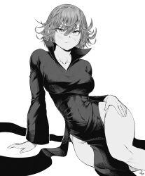 Rule 34 | 1girl, absurdres, alternate breast size, arm support, blush, breasts, closed mouth, collared dress, curly hair, curvy, dress, floating, floating rock, full body, grey background, greyscale, hand on own thigh, highres, large breasts, looking at viewer, monochrome, no panties, one-punch man, pelvic curtain, short hair, signature, simple background, sitting, solo, speedl00ver, tatsumaki, thighs, wide hips