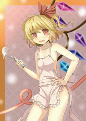 Rule 34 | 1girl, apron, bare arms, bare shoulders, blonde hair, bunchou (bunchou3103), collarbone, fang, flandre scarlet, hair ribbon, hand on own hip, highres, jewelry, looking at viewer, naked apron, open mouth, red eyes, ribbon, ring, side ponytail, smile, solo, touhou, wedding band, whisk, wings
