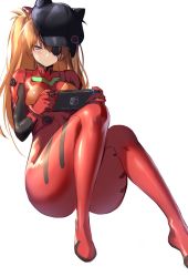 Rule 34 | 1girl, animal hat, black hat, blue eyes, blush, bodysuit, breasts, cat hat, closed mouth, curvy, evangelion: 3.0 you can (not) redo, eyepatch, hair ornament, handheld game console, hat, highres, holding, holding handheld game console, knees up, legs, long hair, looking at viewer, medium breasts, neon genesis evangelion, nintendo, nintendo switch, orange hair, plugsuit, rebuild of evangelion, red bodysuit, simple background, sitting, solo, souryuu asuka langley, spider apple, twintails, two side up, white background