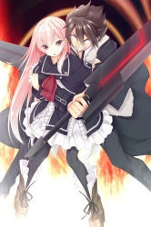 Rule 34 | 1boy, 1girl, black jacket, black pants, blush, boots, breasts, brown footwear, brown hair, cover, cover page, dress, eleanor (kujibiki tokushou: musou harem-ken), fire, gothic lolita, grey pantyhose, grin, highres, holding, holding sword, holding weapon, hug, jacket, kujibiki tokushou: musou harem-ken, lolita fashion, long hair, long sleeves, looking at viewer, luna lia, neckerchief, novel cover, novel illustration, official art, open mouth, pants, pantyhose, pink eyes, red neckerchief, sidelocks, small breasts, smile, sword, very long hair, weapon, yuuki kakeru