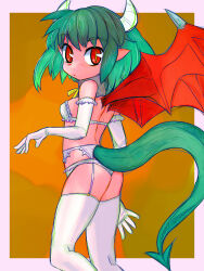 Rule 34 | 1girl, aqua hair, ass, bare shoulders, bra, breasts, closed mouth, draco centauros, dragon girl, dragon horns, dragon tail, dragon wings, elbow gloves, fang, fang out, flat ass, garter belt, garter straps, gloves, highres, horns, looking at viewer, madou monogatari, neck ribbon, panties, panties over garter belt, pointy ears, puyopuyo, red eyes, red wings, ribbon, short hair, slit pupils, small breasts, solo, tail, thighhighs, tsukiyono aroe, underwear, white bra, white gloves, white horns, white panties, white thighhighs, wings, yellow pupils, yellow ribbon