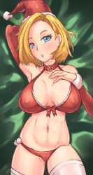 Rule 34 | 1girl, android 18, arm up, bikini, blonde hair, blue eyes, blush, bob cut, breasts, choker, christmas, cleavage, covered erect nipples, detached sleeves, dragon ball, dragonball z, female focus, from above, fur trim, groin, hand on own chest, hand up, hat, highres, large breasts, legs, looking at viewer, lying, medium hair, mignonette, navel, parted lips, santa hat, solo, swimsuit, thighhighs, thighs