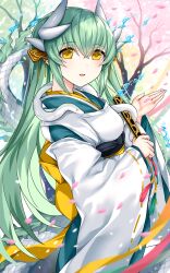 Rule 34 | 1girl, fate/grand order, fate (series), green eyes, kiyohime (fate), long hair, long sleeves, looking at viewer, morizono shiki, open mouth, outdoors, solo, yellow eyes