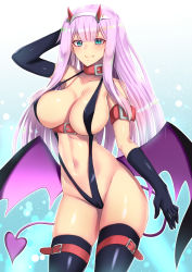 Rule 34 | 10s, 1girl, aqua eyes, arm up, asymmetrical gloves, bat wings, black gloves, black one-piece swimsuit, black slingshot swimsuit, black thighhighs, breasts, collar, collarbone, darling in the franxx, demon girl, elbow gloves, fang, fringe trim, gloves, hair between eyes, hairband, highres, horns, large breasts, leash, long hair, looking at viewer, mismatched gloves, navel, one-piece swimsuit, oni horns, pink hair, red horns, single elbow glove, slingshot swimsuit, straight hair, swimsuit, tail, takecha, thigh strap, thighhighs, white hairband, wings, zero two (darling in the franxx)