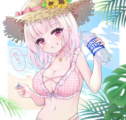 Rule 34 | 1girl, absurdres, beach, bikini, blunt bangs, bottle, bow, commentary request, flower, frilled bikini, frills, grin, hat, hat bow, hat flower, highres, jewelry, medium hair, midriff, necklace, nijisanji, official alternate costume, palm leaf, pink bikini, pink bow, pink eyes, pink hair, pink nails, plaid, plaid bikini, saka (sksmaaaa2), shiina yuika, shiina yuika (6th costume), smile, solo, straw hat, swimsuit, virtual youtuber, water bottle, yellow flower