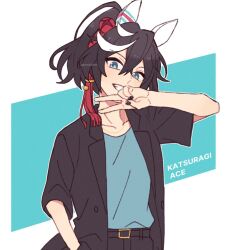 Rule 34 | 1girl, animal ears, black hair, black jacket, blue background, blue eyes, blue shirt, character name, commentary request, ear covers, grin, hair between eyes, hair ornament, hand in pocket, horse ears, horse girl, jacket, katsuragi ace (umamusume), long sleeves, looking at viewer, multicolored hair, nm222hz, open clothes, open jacket, ponytail, shirt, simple background, smile, solo, streaked hair, teeth, two-tone background, umamusume, upper body, v, white background, white hair