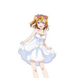 Rule 34 | 10s, 1girl, :d, blue eyes, bow, dress, hair bow, head wreath, kosaka honoka, long hair, looking at viewer, love live!, love live! school idol festival, love live! school idol project, official art, one side up, open mouth, orange hair, see-through, skirt hold, smile, solo, standing, sundress, transparent background, white bow, white dress