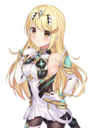 Rule 34 | 1girl, absurdres, bare shoulders, black pantyhose, blonde hair, breasts, chest jewel, dress, earrings, elbow gloves, gloves, hand on own hip, hand on own chest, headpiece, highres, jewelry, kaede (maple4rt), large breasts, long hair, looking at viewer, mythra (massive melee) (xenoblade), mythra (xenoblade), nintendo, pantyhose, short dress, solo, super smash bros., swept bangs, tiara, white dress, white gloves, xenoblade chronicles (series), xenoblade chronicles 2, yellow eyes