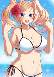 Rule 34 | 1girl, bikini, blonde hair, blue eyes, blue sky, breasts, cleavage, cloud, cowboy shot, day, drill hair, highres, honolulu (kancolle), horizon, kantai collection, large breasts, long hair, looking at viewer, ocean, open mouth, outdoors, round teeth, sei (6862879), shaka sign, sky, solo, swimsuit, teeth, twin drills, twintails, upper teeth only, white bikini