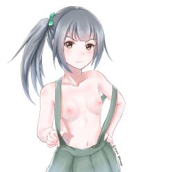 Rule 34 | 10s, 1girl, artist name, bad id, bad pixiv id, blush, breasts, brown eyes, closed mouth, collarbone, disco brando, eyebrows, frown, green hair, grey hair, hair ribbon, hand on own hip, highres, kantai collection, kasumi (kancolle), long hair, looking at viewer, naked suspenders, navel, nipples, pleated skirt, ribbon, side ponytail, simple background, skirt, small breasts, solo, suspender skirt, suspenders, suspenders pull, suspenders slip, topless, upper body, white background