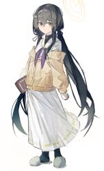 Rule 34 | 1girl, absurdres, bags under eyes, black eyes, black hair, black headband, blue archive, brown cardigan, cardigan, halo, headband, highres, long hair, looking at viewer, low twintails, neckerchief, purple neckerchief, shirt, shuxiuxiao, sidelocks, skirt, slippers, solo, twintails, ui (blue archive), white background, white footwear, white shirt, white skirt, yellow halo
