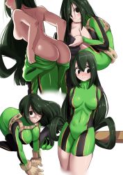 Rule 34 | 10s, 1girl, :p, abdominal line, ass, asui tsuyu, back, backboob, bad id, bad pixiv id, bare arms, bare shoulders, black eyes, black thighhighs, blush, bodysuit, boku no hero academia, boots, breasts, butt crack, closed mouth, cover, embarrassed, eyes visible through hair, gloves, green bodysuit, green hair, hair between eyes, highres, long hair, looking at viewer, looking to the side, medium breasts, multiple views, nico-mo, simple background, smile, thigh boots, thighhighs, thighs, tongue, tongue out, undressing, wavy mouth, white background
