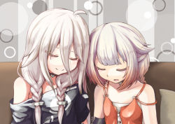 Rule 34 | 2girls, absurdres, bare shoulders, black shirt, blunt bangs, braid, cevio, closed eyes, collar, forehead-to-forehead, grey background, hair tie, haiyuki yuki, heads together, highres, ia (vocaloid), long hair, multiple girls, off-shoulder shirt, off shoulder, one (cevio), open mouth, orange shirt, pillow, platinum blonde hair, shirt, short hair, siblings, side-by-side, sisters, sitting, sleeping, smile, spaghetti strap, twin braids, upper body, vocaloid, zipper, zipper pull tab