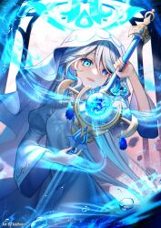 Rule 34 | 1girl, absurdres, blue eyes, commentary request, cowboy shot, dress, furina (genshin impact), genshin impact, grey dress, grey hair, highres, holding, holding sword, holding weapon, juliet sleeves, koohiirin, long hair, long sleeves, puffy sleeves, solo, standing, sword, veil, very long hair, weapon, wide sleeves