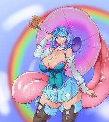 Rule 34 | 1girl, adapted costume, bare shoulders, blue background, blue eyes, blue hair, blue skirt, blue vest, blurry, blurry background, breasts, commentary, cowboy shot, greenm, heterochromia, highres, holding, holding umbrella, huge breasts, medium hair, pink umbrella, rainbow, red eyes, skirt, solo, tatara kogasa, thighs, tongue, tongue out, touhou, umbrella, vest