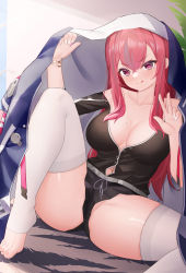 Rule 34 | 1girl, absurdres, alternate hairstyle, azur lane, black jacket, bracelet, breasts, bremerton (azur lane), bremerton (relaxation consultation) (azur lane), cleavage, closed mouth, clothing cutout, collarbone, costume, fingernails, hair down, highres, jacket, jacket over head, jewelry, jndfh, knee up, large breasts, light blush, long hair, looking at viewer, mole, mole on breast, mole under eye, multicolored hair, multicolored nails, nail polish, navel, navel cutout, navel piercing, off shoulder, official alternate costume, official alternate hairstyle, partially unbuttoned, piercing, pink eyes, pink nails, purple nails, red hair, solo, streaked hair, thighhighs, thighs, toenails, tongue, tongue out, two-tone hair, v-shaped eyebrows, white nails, white thighhighs