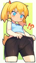 Rule 34 | !?, 1girl, bachera, bare arms, bare shoulders, bike shorts, black shorts, blonde hair, blue eyes, blue tank top, blush stickers, breasts, closed mouth, commentary request, crop top, cropped legs, crotch seam, gluteal fold, green background, groin, lifted by self, navel, original, pakky (bachera), short hair, short shorts, shorts, shorts lift, small breasts, solo, tank top, twintails, two-tone background, v-shaped eyebrows, white background
