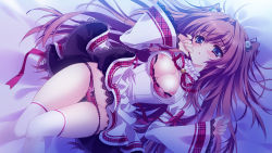 Rule 34 | 1girl, asakura karen, bed, blue eyes, blush, breasts, brown hair, carnelian, cube (alma), fingernails, flower, framed breasts, kimi to boku to eden no ringo, large breasts, lolita fashion, lying, nipples, on back, open clothes, open shirt, panties, shirt, solo, thighhighs, underwear