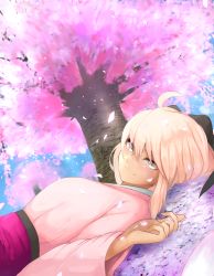 Rule 34 | 1girl, black bow, blonde hair, bow, cherry blossoms, fate/grand order, fate (series), hair bow, highres, japanese clothes, looking at viewer, lying, ohako (ohako1818), okita souji (fate), okita souji (koha-ace), on back, petals, solo, tree, yellow eyes