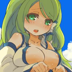 Rule 34 | 1girl, areola slip, breasts, cloud, day, detached sleeves, female focus, green eyes, green hair, hot, kochiya sanae, matching hair/eyes, medium breasts, mota, nipples, open clothes, open mouth, solo, sweat, touhou