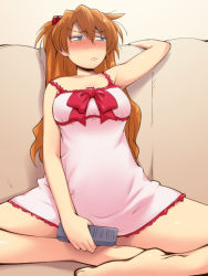 Rule 34 | 00s, 1girl, 3:, 3:&lt;, armpits, bare shoulders, barefoot, blue eyes, blush, bow, brown hair, controller, foreshortening, frown, hair between eyes, hairu, indian style, long hair, looking away, neon genesis evangelion, nightgown, nose blush, rebuild of evangelion, remote control, sitting, solo, souryuu asuka langley, tsundere, v-shaped eyebrows