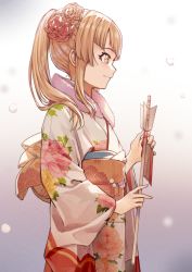 Rule 34 | 1girl, arrow (projectile), bang dream!, blonde hair, brown hair, closed mouth, floral print, flower, from side, hair flower, hair ornament, hamaya, highres, holding, japanese clothes, kimono, long hair, long sleeves, md5 mismatch, multicolored background, obi, peony print, piza rokumai, ponytail, profile, resolution mismatch, sash, smile, snow, solo, source smaller, standing, tsurumaki kokoro