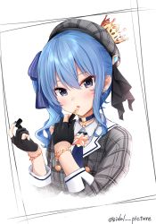 Rule 34 | 1girl, applying makeup, beret, black gloves, blue choker, blue eyes, blue hair, blue nails, blush, bracelet, choker, commentary request, cosmetics, crown, earrings, ex idol, gloves, grey hat, grey shirt, hair between eyes, hat, highres, holding, holding lipstick tube, hololive, hoshimachi suisei, hoshimachi suisei (1st costume), jewelry, lipstick tube, long hair, long sleeves, looking at viewer, nail polish, parted lips, partially fingerless gloves, plaid, plaid headwear, plaid shirt, shirt, solo, star (symbol), star choker, star earrings, star in eye, symbol in eye, twitter username, virtual youtuber, white background