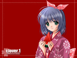 Rule 34 | 1girl, aqua eyes, artist name, blue hair, clover, clover (game cg), copyright name, floral print, food, fruit, hair ribbon, highres, holding, holding food, holding fruit, japanese clothes, kimono, long sleeves, looking at viewer, nishimata aoi, pink ribbon, polka dot, polka dot ribbon, red background, ribbon, short hair, simple background, smile, solo, upper body, wallpaper, watermelon