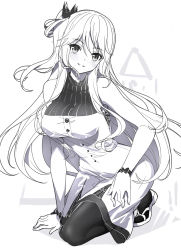 Rule 34 | 1girl, arm support, bare shoulders, blush, bow, breasts, dress, emily stock, fingernails, full body, greyscale, hair between eyes, hair bow, head tilt, kneeling, long hair, medium breasts, monochrome, one side up, original, pantyhose, parted lips, purple theme, ririko (zhuoyandesailaer), sandals, sleeveless, sleeveless dress, smile, solo, very long hair, white background