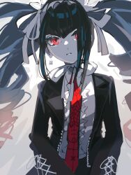 Rule 34 | 1girl, black hair, bonnet, celestia ludenberg, center frills, closed mouth, danganronpa: trigger happy havoc, danganronpa (series), drill hair, earrings, frills, gothic lolita, highres, jacket, jewelry, kata tsumurou, lolita fashion, long hair, long sleeves, looking at viewer, necktie, open clothes, open jacket, red eyes, red necktie, shirt, solo, twin drills, twintails, white shirt