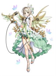 Rule 34 | 1girl, bad id, bad pixiv id, bug, butterfly, dress, fairy, frilled dress, frills, full body, gloves, green eyes, highres, hongsi, insect, mechanical wings, microphone, microphone stand, original, short hair, simple background, solo, toes, white background, wings