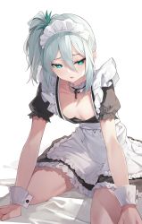 Rule 34 | + +, 1girl, absurdres, apron, bed sheet, black ribbon, bright pupils, chukibabo2, collarbone, commission, frilled apron, frilled ribbon, frills, green eyes, grey hair, hair between eyes, highres, kneeling, maid, maid apron, maid headdress, medium hair, original, pink lips, puffy sleeves, ribbon, side ponytail, solo, white pupils
