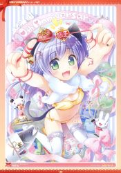 Rule 34 | 1girl, :d, absurdres, animal ears, anniversary, bell, blue hair, blush, braid, breasts, camisole, cat ears, cat tail, checkered floor, cleavage, confetti, crown, cupcake, fang, fingernails, fish, floor, food, frilled thighhighs, frills, from above, gift, green eyes, hair bell, hair ornament, heart, highres, jingle bell, long hair, nail art, nail polish, navel, open mouth, original, panties, party popper, polka dot, polka dot panties, ribbon, ribbon-trimmed legwear, ribbon trim, sasai saji, scarf, side-tie panties, sitting, small breasts, smile, solo, strap slip, tail, thighhighs, two side up, underwear, wariza, white scarf, white thighhighs, yellow panties