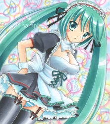 Rule 34 | 1girl, alternate costume, aqua eyes, aqua hair, bad id, bad pixiv id, blue panties, blush, breasts, cleavage, dress, enmaided, garter straps, hand on own hip, hatsune miku, hip focus, jewelry, large breasts, long hair, maid, maid headdress, makiri, musical note, necklace, open mouth, panties, sample watermark, skindentation, solo, striped clothes, striped panties, twintails, underwear, very long hair, vocaloid, watermark, wrist cuffs
