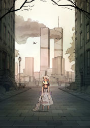 Rule 34 | 1girl, 9/11, :|, aircraft, airplane, building, cityscape, closed mouth, day, door, dress, highres, holding, lamppost, new york, new york city, original, outdoors, pavement, railing, real world location, road, scenery, seo tatsuya, smoke, solo, standing, stoop, street, stuffed animal, stuffed rabbit, stuffed toy, window, world trade center, wtc