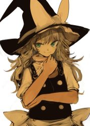 Rule 34 | 1girl, black hat, black vest, blonde hair, bow, buttons, closed mouth, dot nose, double-breasted, green eyes, hand up, hat, kirisame marisa, long hair, necro (nekurodayo), puffy short sleeves, puffy sleeves, shirt, short sleeves, simple background, slit pupils, smile, solo, touhou, vest, white background, white bow, white shirt, witch hat
