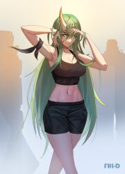 Rule 34 | 1girl, absurdres, arknights, armpits, arms up, bare arms, bare shoulders, black shirt, black shorts, blue background, breasts, cleavage, commentary, cowboy shot, crop top, facial scar, gradient background, green hair, hair between eyes, highres, horns, hoshiguma (arknights), large breasts, lingdu han, long hair, looking at viewer, midriff, navel, scar, scar on cheek, scar on face, shirt, shorts, single horn, sleeveless, sleeveless shirt, smile, standing, stomach, thighs, very long hair, yellow background