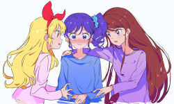 Rule 34 | 3girls, aikatsu!, aikatsu! (series), alternate costume, blonde hair, blue eyes, blue hair, blue scrunchie, blue shirt, blush, bow, closed mouth, commentary request, embarrassed, hair bow, hair ornament, hair scrunchie, hairband, hand on another&#039;s arm, hand on another&#039;s shoulder, hoshimiya ichigo, kiriya aoi, long hair, long sleeves, looking at another, looking at viewer, multiple girls, nose blush, open mouth, own hands together, pink shirt, purple eyes, purple shirt, red bow, red eyes, red hair, red hairband, scrunchie, shibuki ran, shirt, side ponytail, simple background, smile, upper body, white background, wide-eyed, yamamura saki