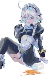 Rule 34 | 1girl, absurdres, ahoge, alternate costume, apron, artist name, ascot, asymmetrical gloves, black footwear, black gloves, black thighhighs, blue brooch, blue eyes, blue hair, commentary request, fang, foot out of frame, furina (genshin impact), furrowed brow, genshin impact, glass, gloves, hair between eyes, heterochromia, highres, holding, holding plate, light blue hair, long sleeves, looking at viewer, maid, maid apron, maid headdress, mismatched gloves, mochi upamo, multicolored hair, open mouth, plate, short hair, sidelocks, simple background, sitting, socks, solo, streaked hair, thighhighs, two-tone hair, white background, white gloves, white hair, white socks