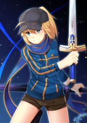 Rule 34 | &gt;:), 1girl, ahoge, artist name, artoria pendragon (all), artoria pendragon (fate), bad id, bad pixiv id, baseball cap, black socks, blonde hair, blue eyes, blue jacket, blue scarf, blue sky, brown shorts, commentary, cowboy shot, dated, dual wielding, excalibur (fate/stay night), excalibur morgan (fate), fate/grand order, fate (series), hair between eyes, hat, highres, holding, holding sword, holding weapon, jacket, kneehighs, leg up, mugipot, mysterious heroine x (fate), night, night sky, ponytail, rojiura satsuki : chapter heroine sanctuary, saber (fate), scarf, shorts, signature, sky, smile, socks, solo, sword, track jacket, v-shaped eyebrows, weapon