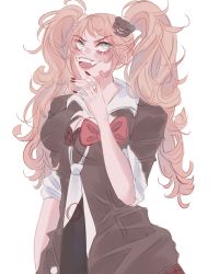 Rule 34 | arm up, bags under eyes, bear hair ornament, black neckwear, black shirt, blonde hair, blue eyes, blush, bow, bowtie, bra, breasts, cleavage, collared shirt, danganronpa: trigger happy havoc, danganronpa (series), enoshima junko, fake nails, fangs, fingernails, hair ornament, hand up, highres, laughing, liciouscoochie, long bangs, long hair, looking up, multicolored necktie, multicolored neckwear, nail polish, necktie, neckwear request, open mouth, pink lips, plaid, plaid skirt, red bow, red nails, red skirt, shirt, simple background, skirt, teeth, tongue, twintails, two-tone neckwear, underwear, upper body, upper teeth only, white background, white neckwear