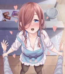 Rule 34 | !?, 1boy, 1girl, absurdres, apron, atorie, black pantyhose, blue apron, blue eyes, blush, breasts, brown hair, chocolate, cleavage, collared shirt, commentary request, food in mouth, go-toubun no hanayome, hair between eyes, hair over one eye, headphones, headphones around neck, heart, highres, holding another&#039;s wrist, kitchen, large breasts, long hair, long sleeves, looking at viewer, mixing bowl, nakano miku, pantyhose, partially unbuttoned, pov, pov hands, shirt, sleeves rolled up, strap slip, trembling, valentine, waiting for kiss, whisk, white shirt